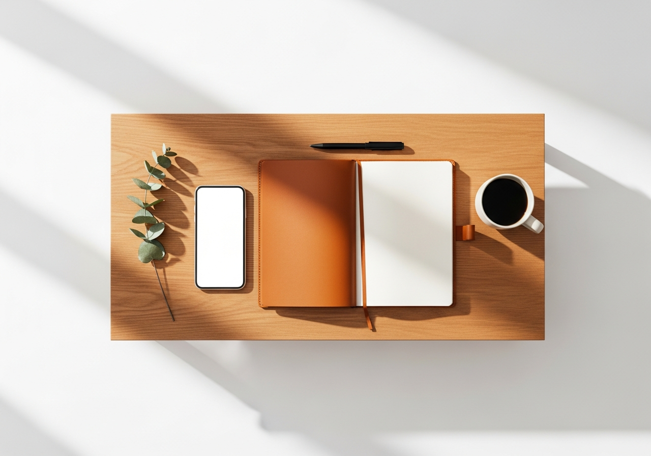 Telemóvel, caderno e café numa secretária de madeira